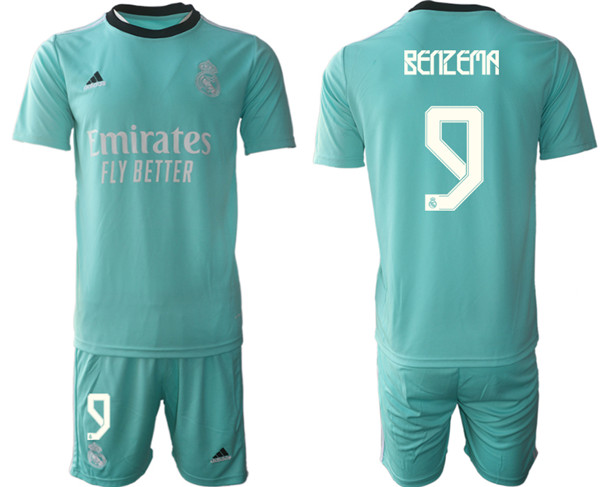 Men's Real Madrid #9 Karim Benzema 2021/22 Teal Away Soccer Jersey with Shorts